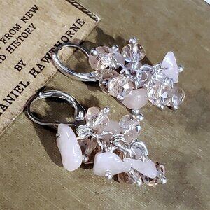 Natural Pink Rose Quartz Gemstone Czech Crystal Beads Silver Plated Earrings